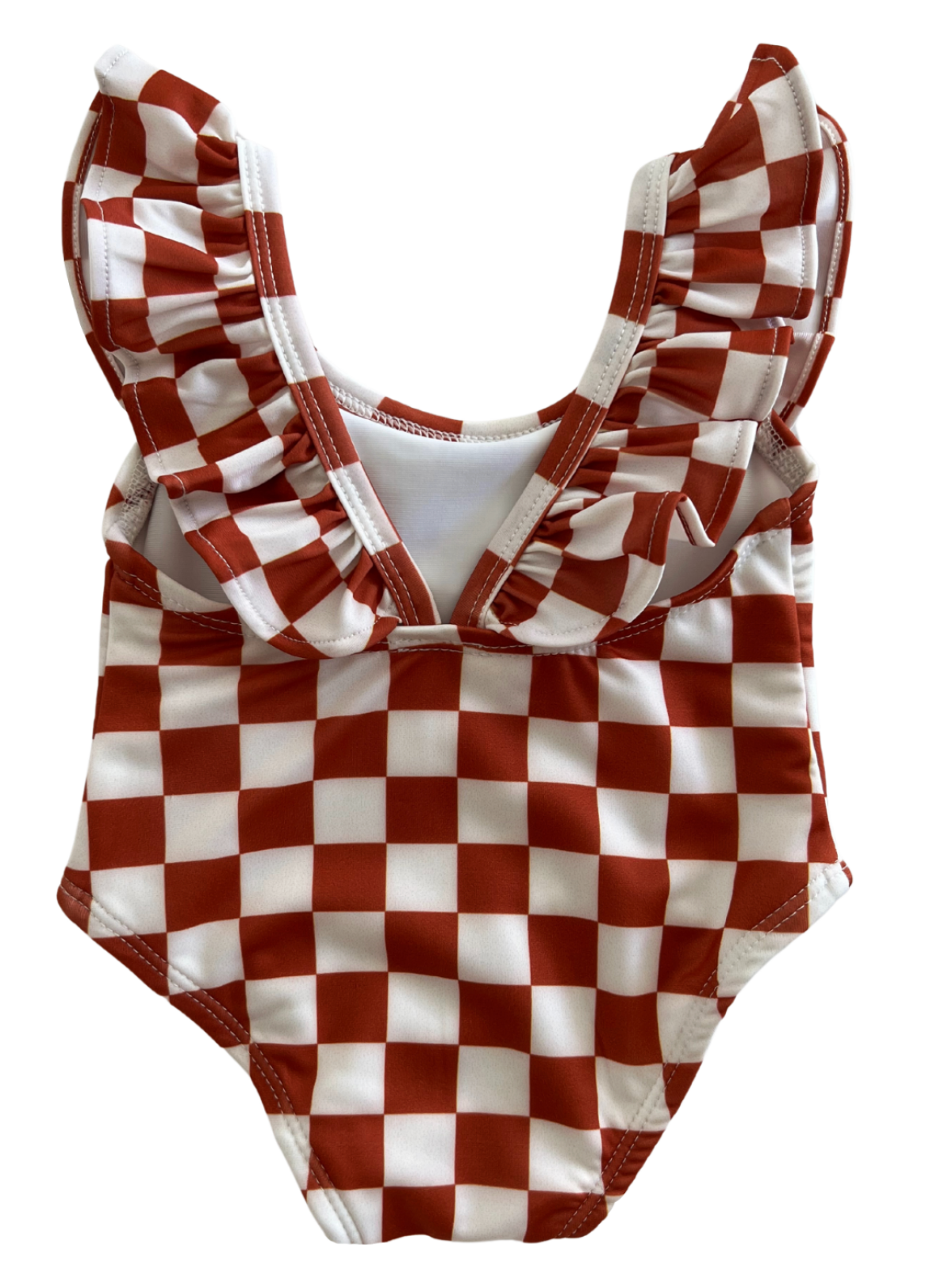Red and white checked swimsuit with ruffled straps, suitable for children.