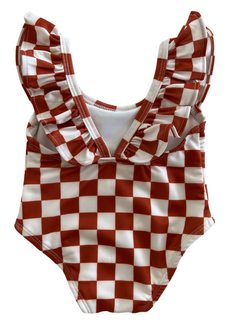 Red and white checked swimsuit with ruffled straps, suitable for children.