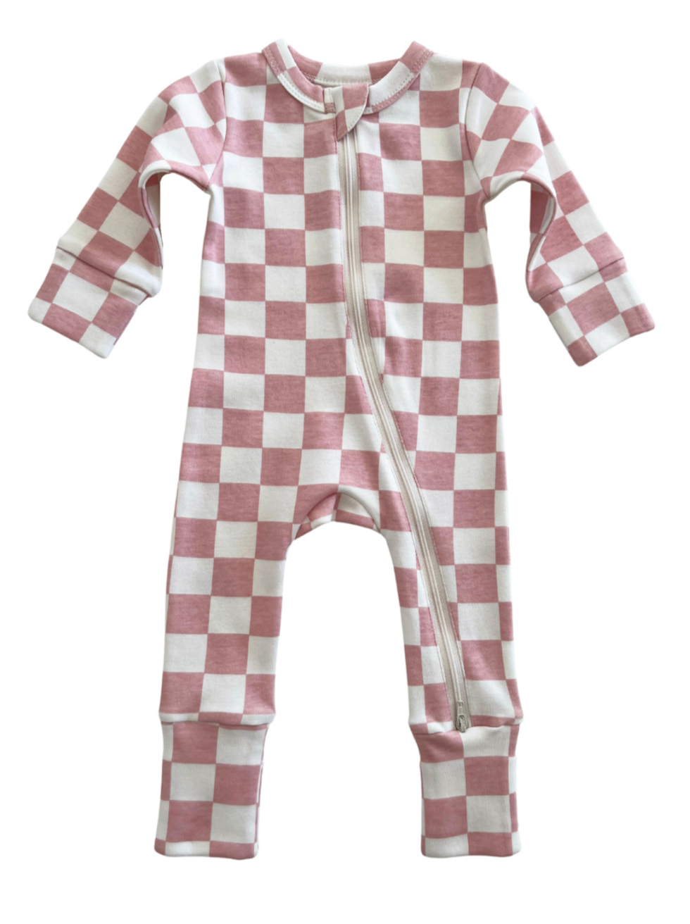 Pink and white checkered baby onesie with a front zipper and long sleeves.
