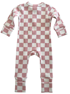 Pink and white checkerboard pattern infant onesie, featuring long sleeves and footless design.
