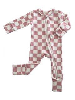 Baby onesie with a pink and white checkerboard pattern, featuring a front zip closure and long sleeves.