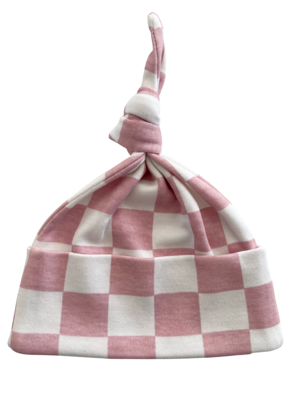 Pink and white checkered baby hat with a knot at the top, made from soft cotton fabric.