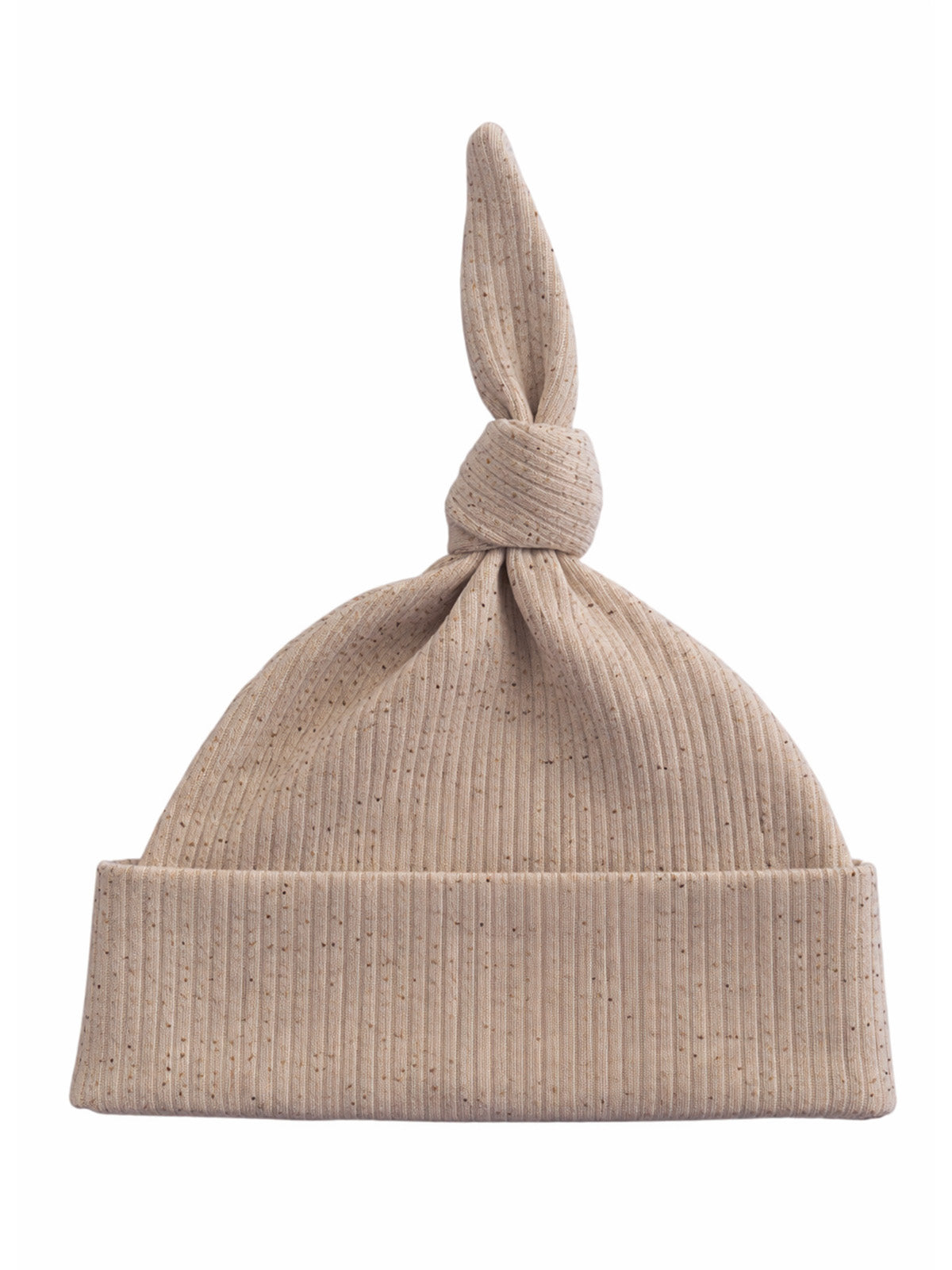 Light beige ribbed baby hat with a knotted top, designed for comfort and style.