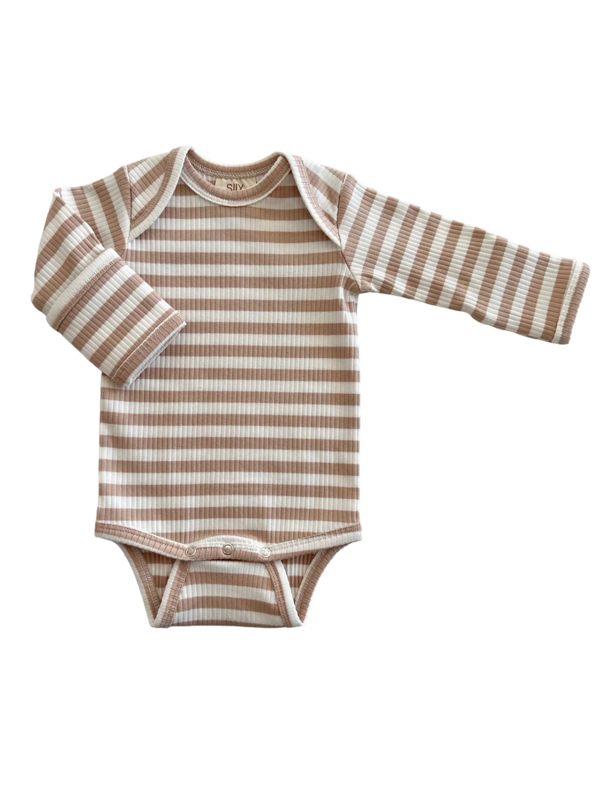 Baby onesie with long sleeves in light beige and white horizontal stripes. Ideal for comfortable wear.