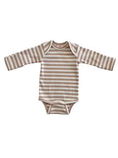 Tan and white striped long-sleeve baby bodysuit on a plain background.