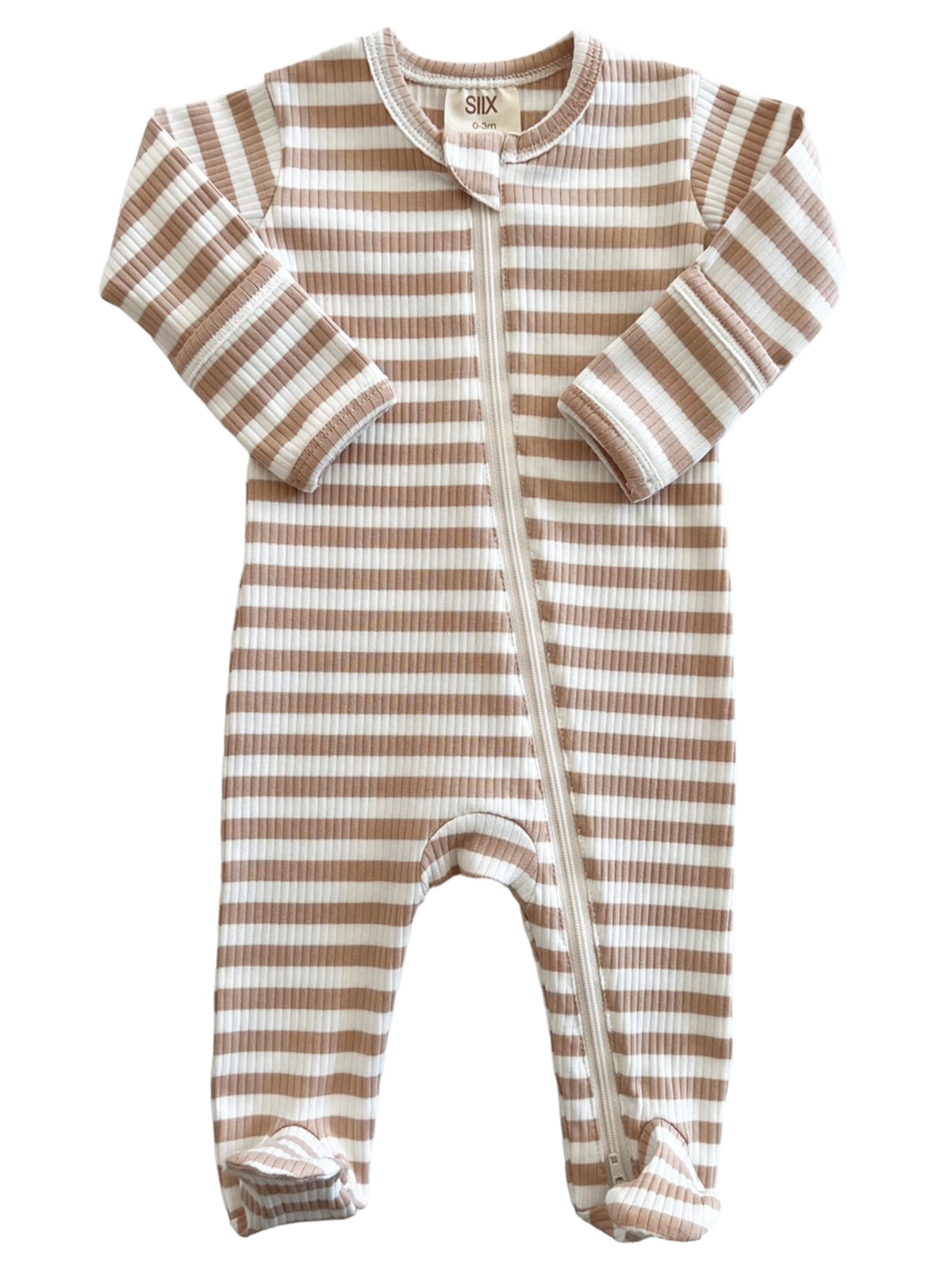 Striped baby onesie in beige and white with zipper closure and long sleeves.