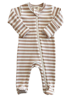 Striped baby onesie in beige and white with zipper closure and long sleeves.