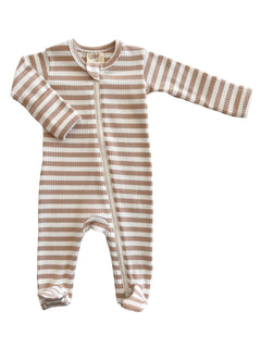 Beige and white striped baby onesie with long sleeves and a zipper front.