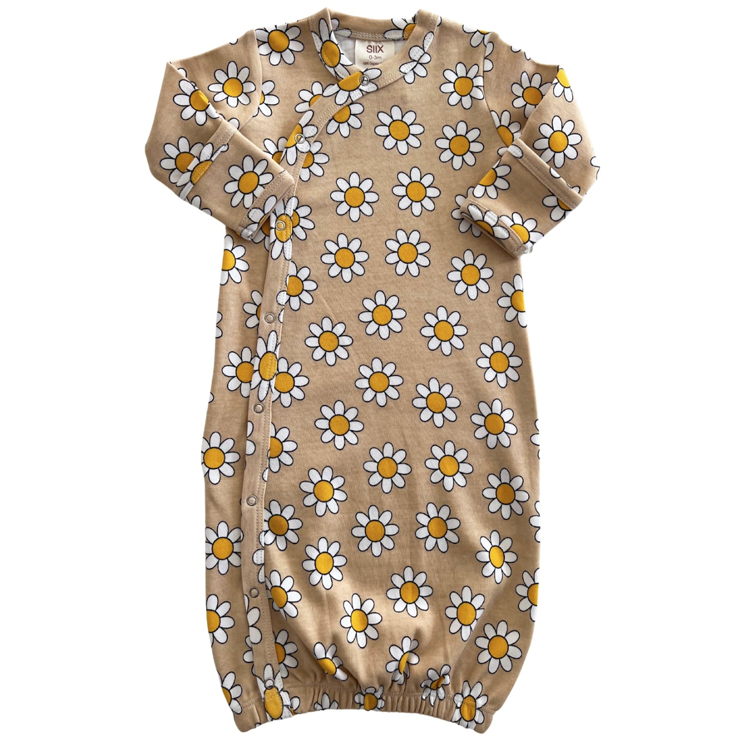 Beige baby sleeping sack with white and yellow daisy pattern and side buttons for easy dressing.