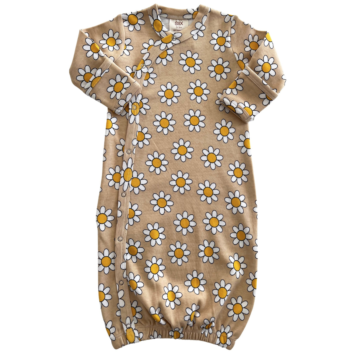 Beige baby sleeping sack with white and yellow daisy pattern and side buttons for easy dressing.