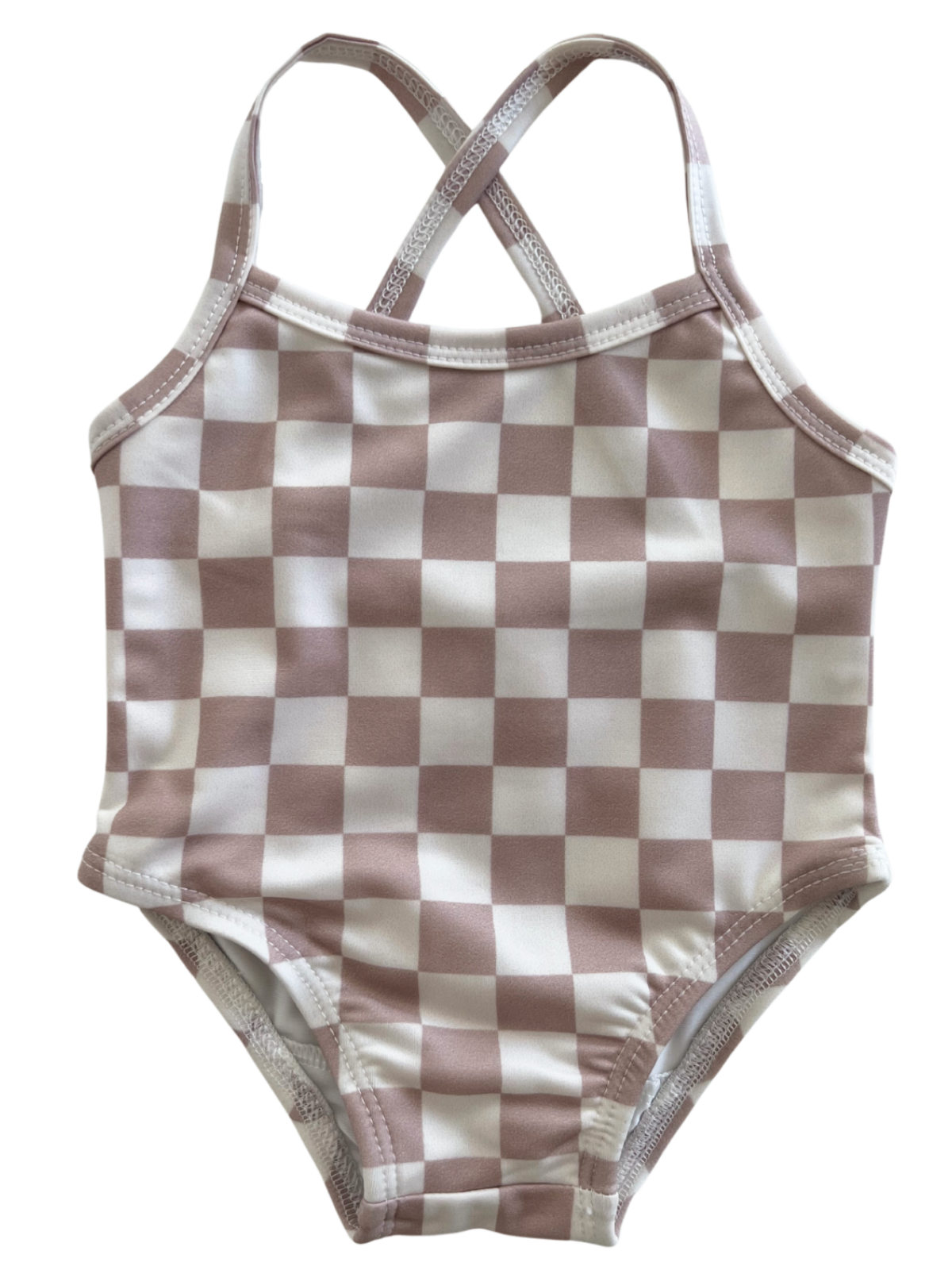 Blush and white checkered pattern one-piece swimsuit with crisscross straps. Perfect for summer fun!