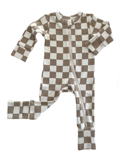 Brown and white checkered baby onesie with a zipper and long sleeves.