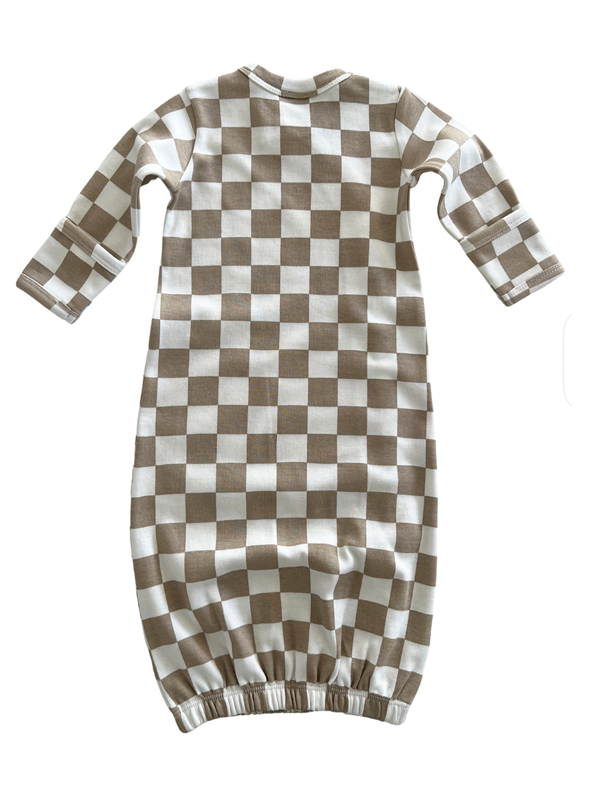Brown and white checkered long-sleeve dress with gathered hem, displayed from the back.