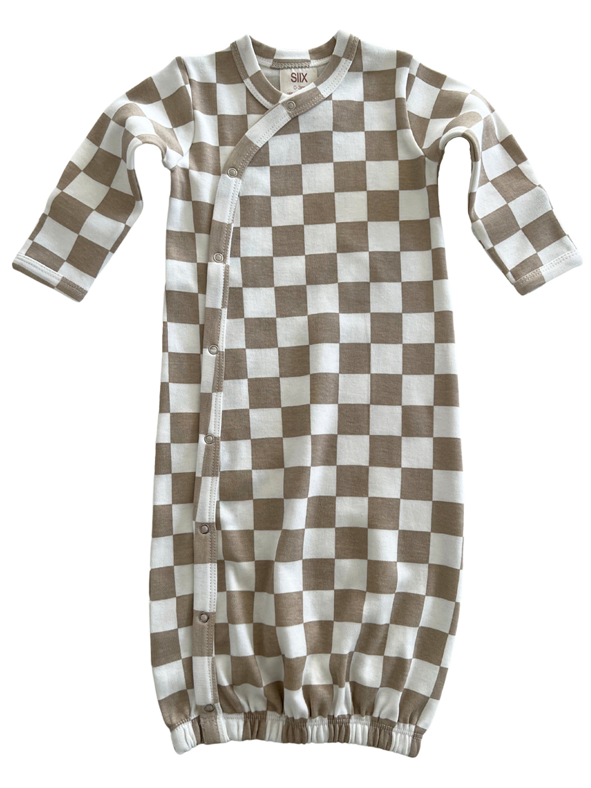 Brown and white checkered baby sleep sack with long sleeves and snap buttons. Soft, cozy, and designed for comfort.