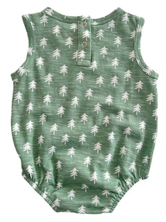 Green baby romper with white tree print and button closure at the back. Ideal for casual wear.