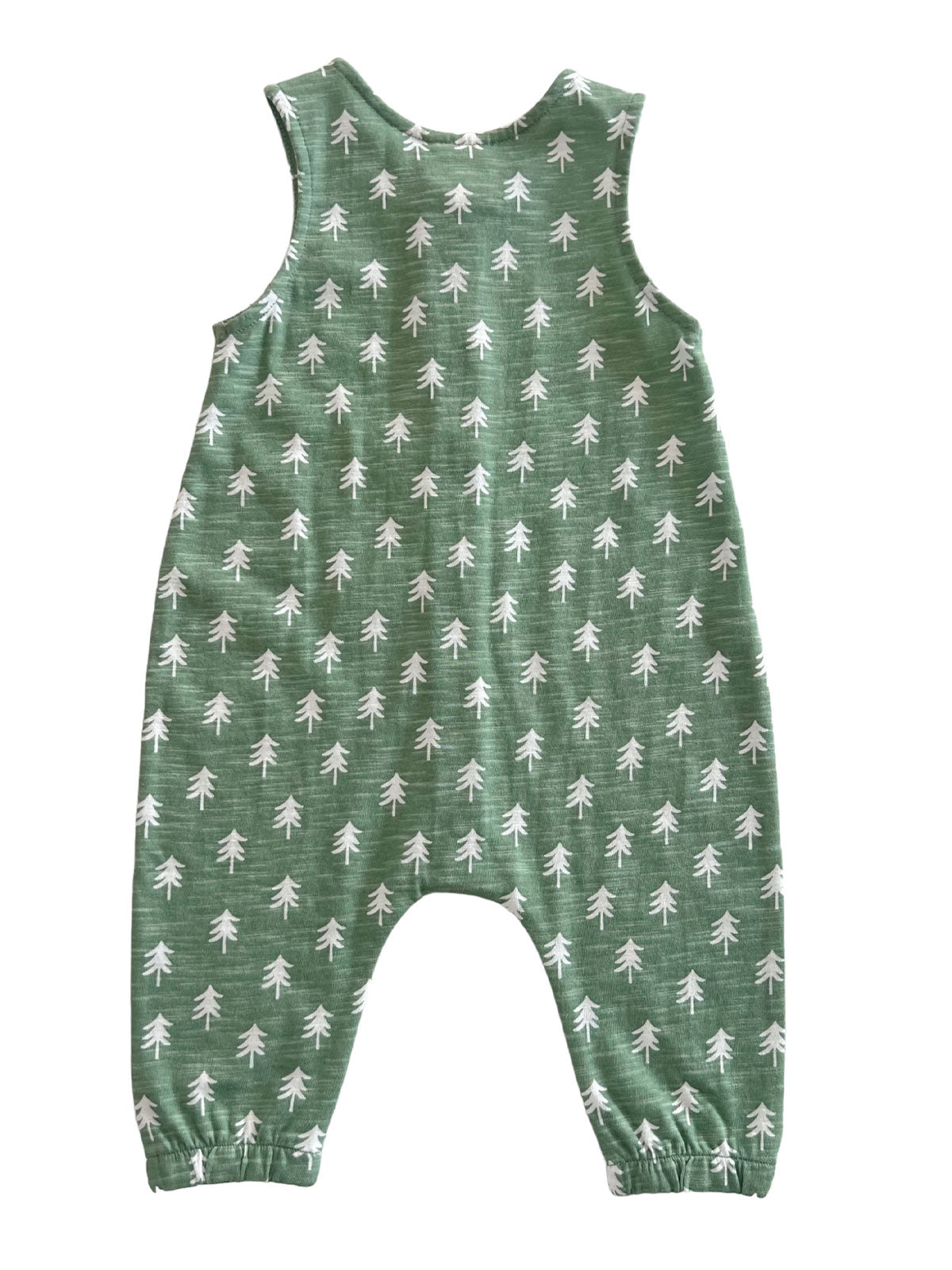 Green toddler romper with white tree patterns, sleeveless and elastic-cuffed pants.