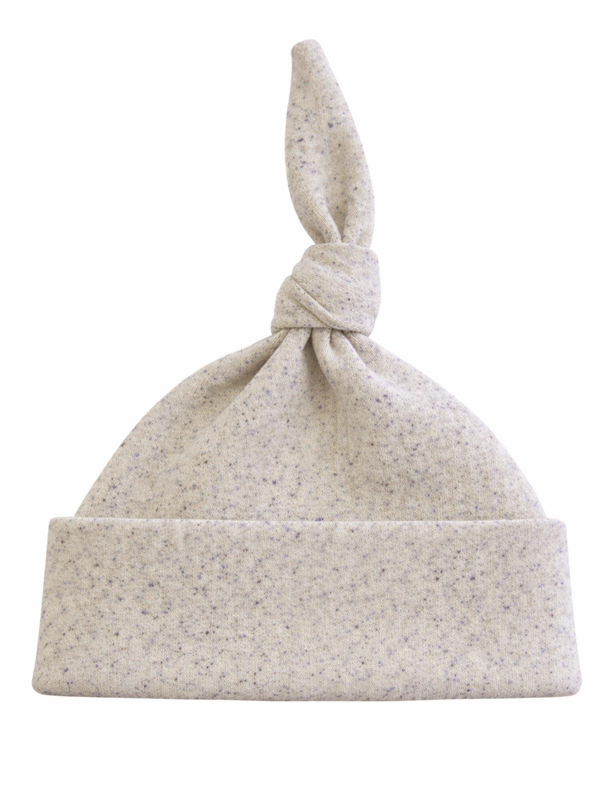 Light gray knotted baby hat with a soft, speckled texture and a folded cuff. Ideal for infants.