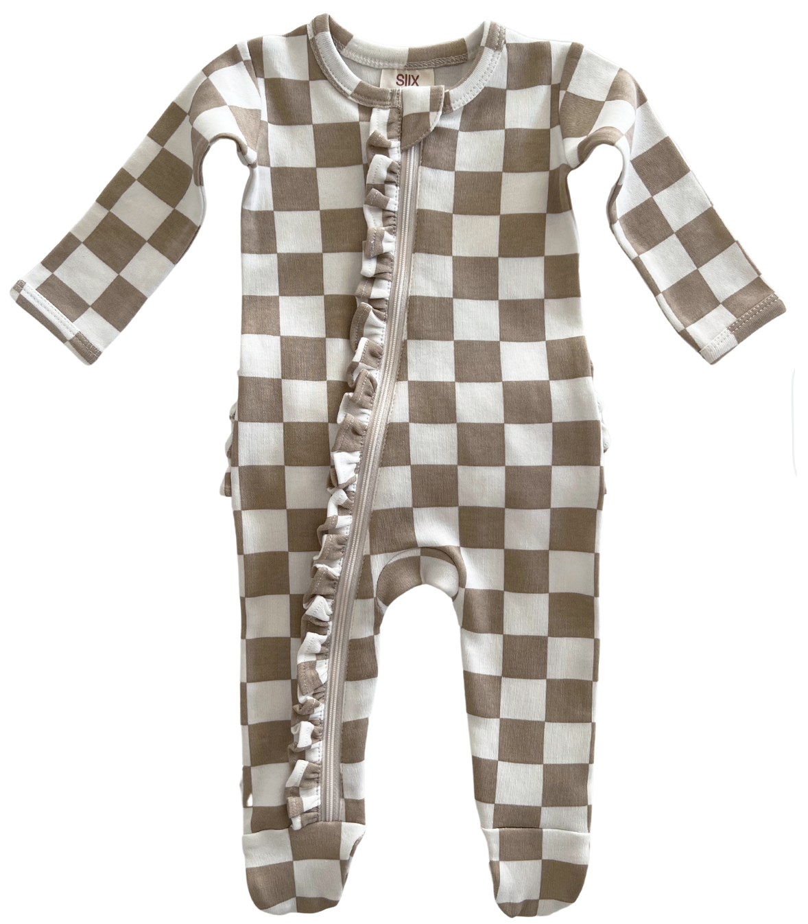 Tiramisu Checkerboard / Organic Frill Zip Footie